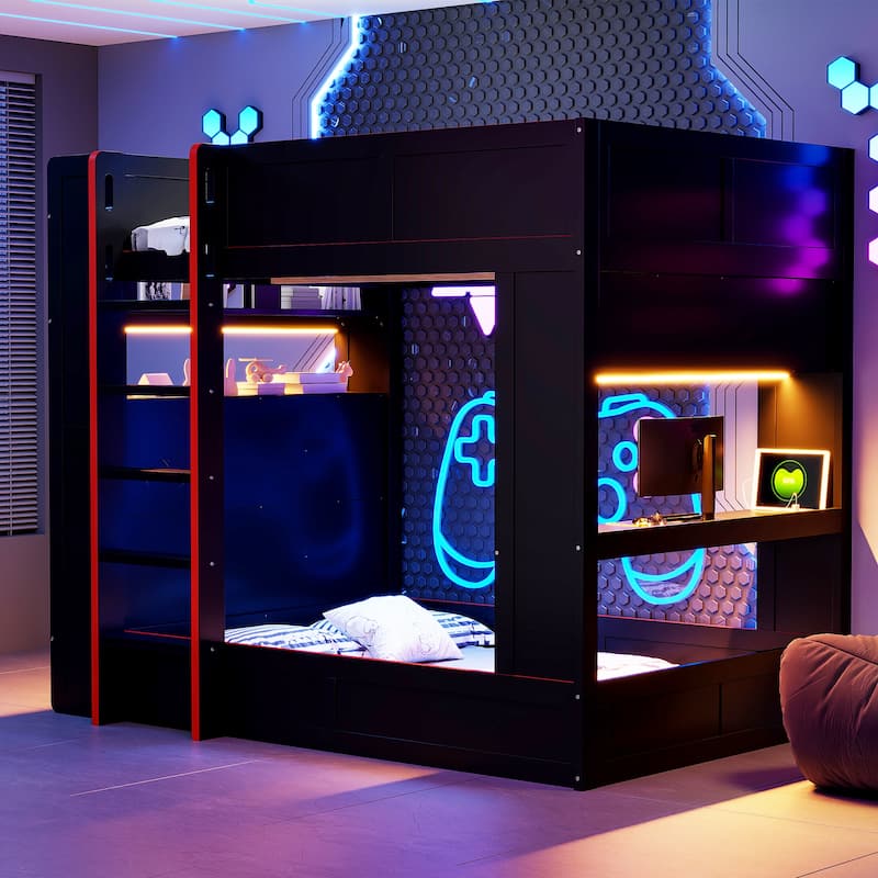 Black Bunk Bed Full Size Wood Gaming Bunk Bed Frame with Desk, Storage Shelves, LED and Charging Station, Full over Full Bed