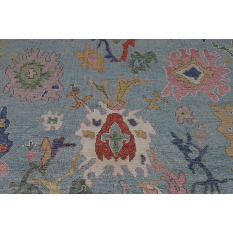 Light Blue Floral Oushak Oriental Area Rug Handmade Wool Carpet - 9'0"x 11'9"