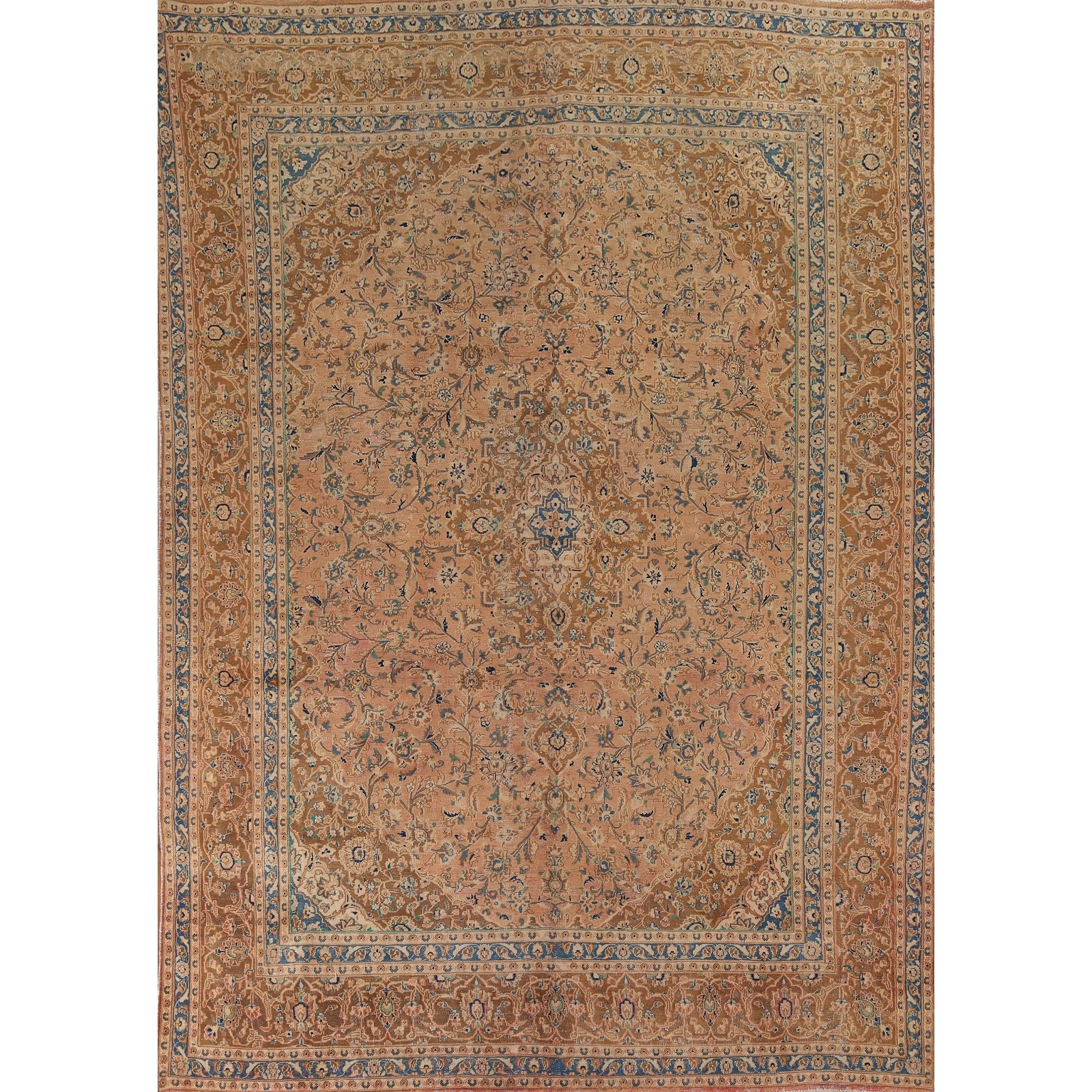 Distressed Floral Mashad Vintage Persian Area Rug Handmade