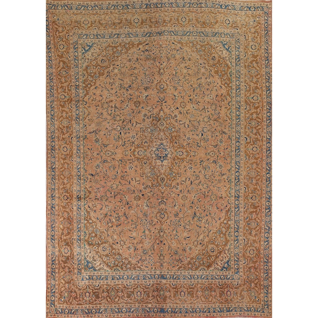 Distressed Floral Mashad Vintage Persian Area Rug Handmade Wool Carpet - 9'3" x 12'4"