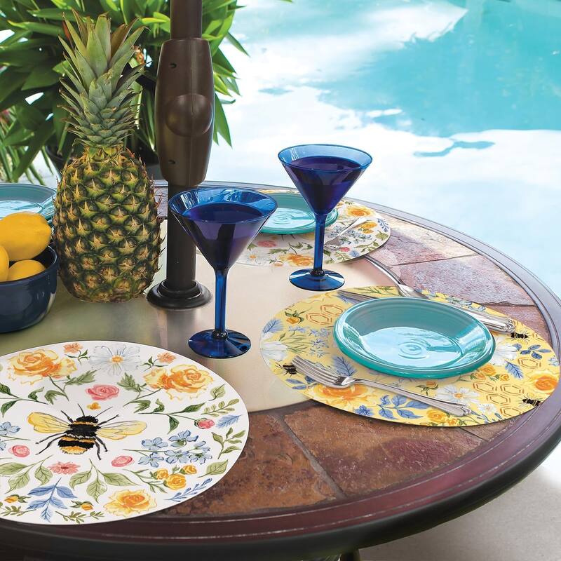 Floral Bee 4 Pack Round Reversible Easy Care Flexible Plastic Placemats Made in The USA Reversible Flexible Easily Wipes Clean