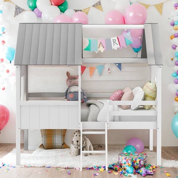 slide 2 of 15, Twin Size Low Loft Wood House Bed with Two Side Windows, White+Elegant Grey