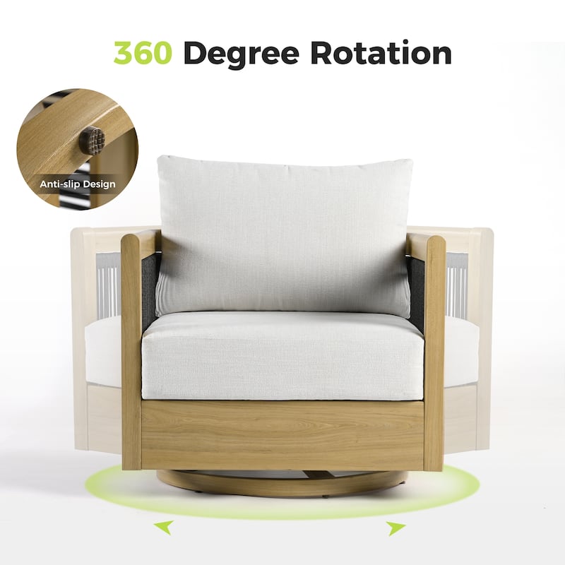Overture 4-Piece Natural Wood Grain Aluminum Hand-Woven Rope Patio Conversation Set with Swivel Chairs, Cushions, Coffee Table