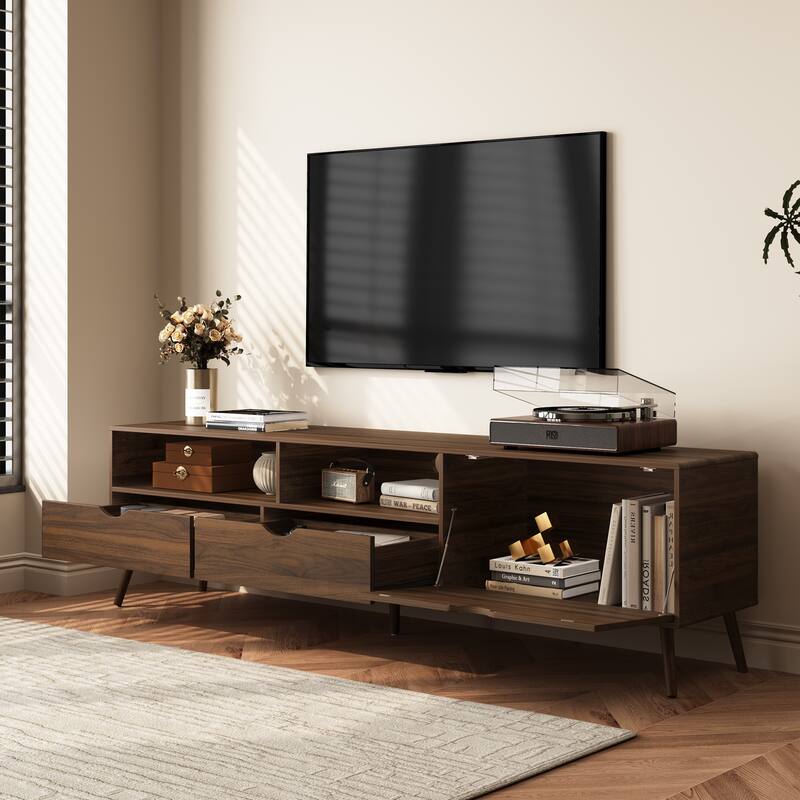 Mid Century Media Console for TVs up to 80", TV Stand with 2 Drawers & Drop-Down Door Storage Cabinet