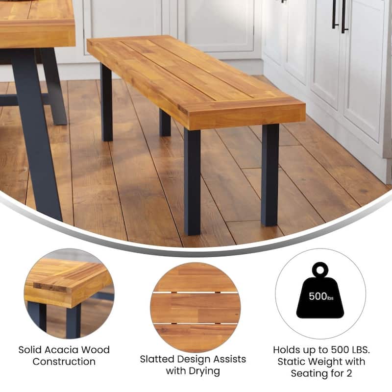 Indoor/Outdoor Solid Acacia Wood Slat Top Bench with Wood Legs