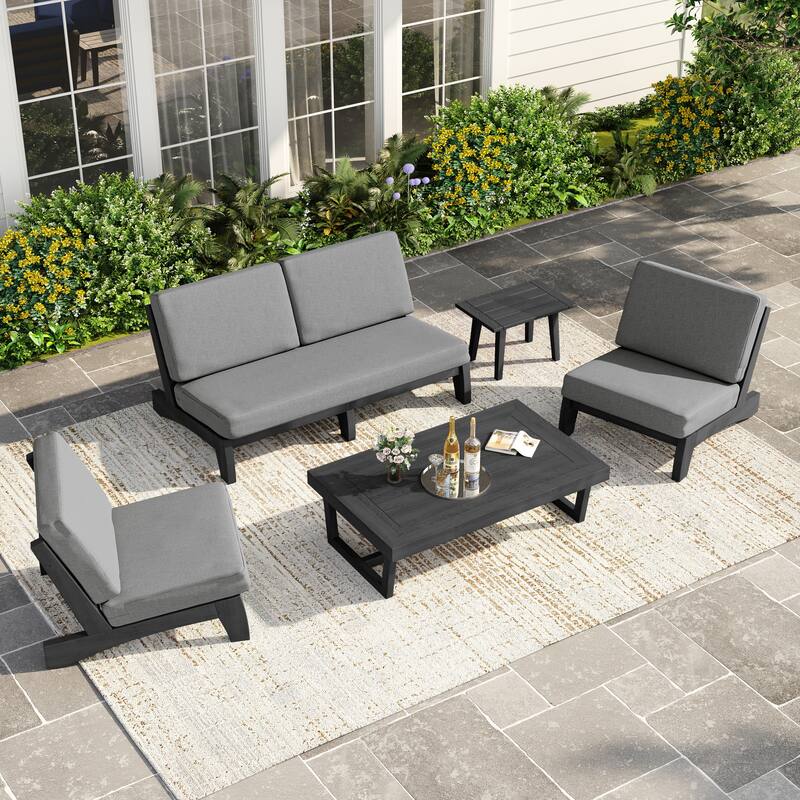 Casual Teak Wood 5-Piece Outdoor Patio Conversation Set - Dark Wood - Grey