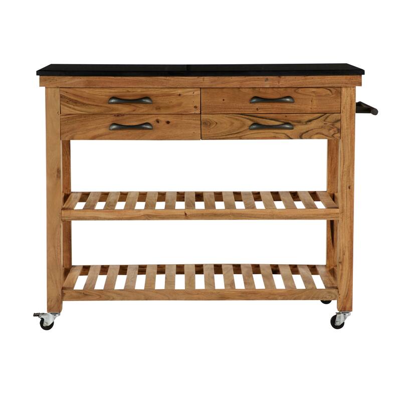 Wood Rolling 4 Drawer and 2 Shelf Kitchen Cart with Black Metal Handles and Marble Top - Brown - Roche River Decor
