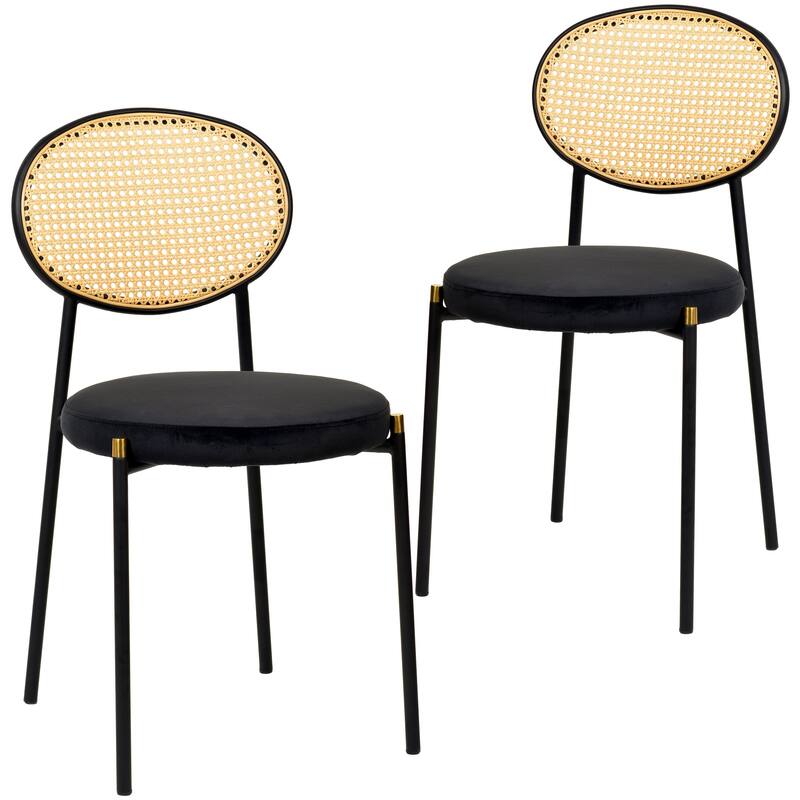 LeisureMod Euston Set of 2 Modern Dining Chair with Wicker Back & Upholstered Velvet Seat for Home Office Living Room & Kitchen