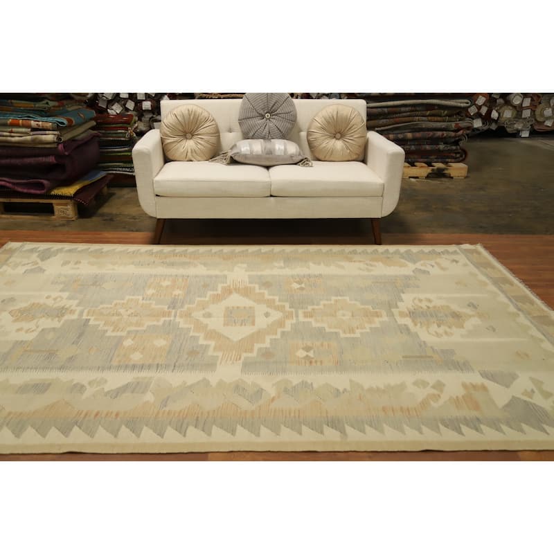 Hand Woven Oriental 100% Wool Carpet Southwestern Tribal Beige & Ivories Kilim Area Rug - 9' 10'' X 6' 4''