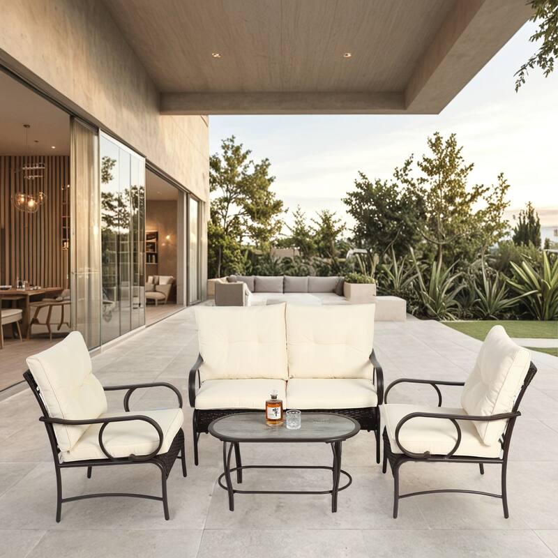 Classic Patio Sofa Wicker Conversation Set Rattan Sofa Chair wTable