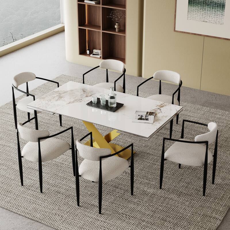 9 - Piece 94.48'' Modern Minimalist Extendable Sintered Stone Top Dining Set with 8 Fabric Chair