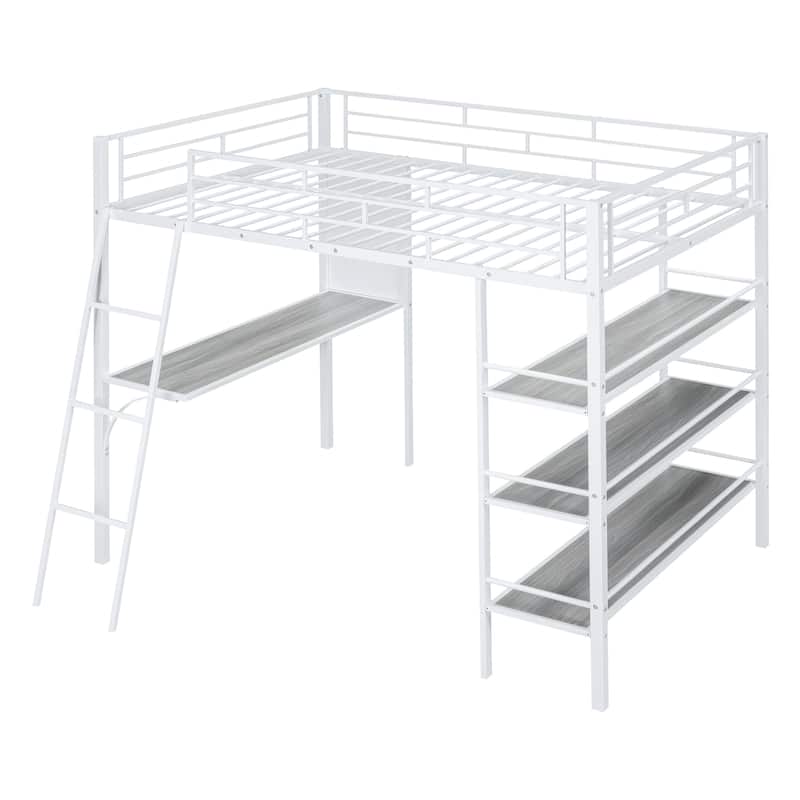 Full Size Metal Loft Bed with Shelves and Desk