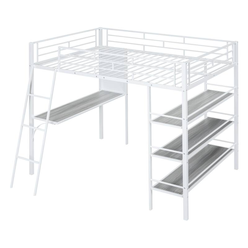 Stylish Twin Size Loft Metal Bed with Shelves, Desk, and Whiteboard - Space-Saving Metal Frame Bed for Work and Play