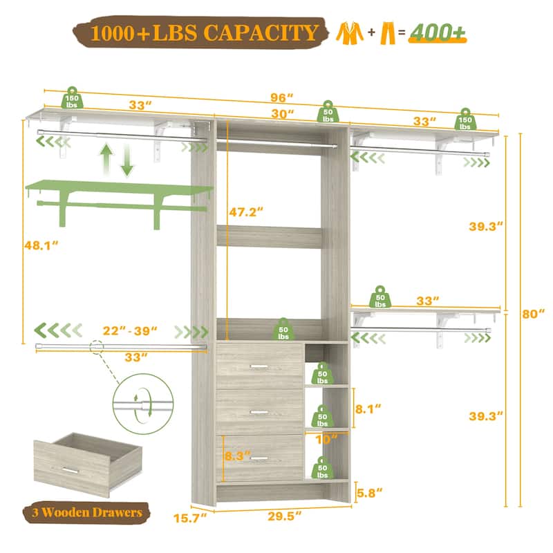 Rackcog 96'' W Closet Organizer with Drawers and Hanging Rods, Wardrobe Closet System (can be cut to fit)