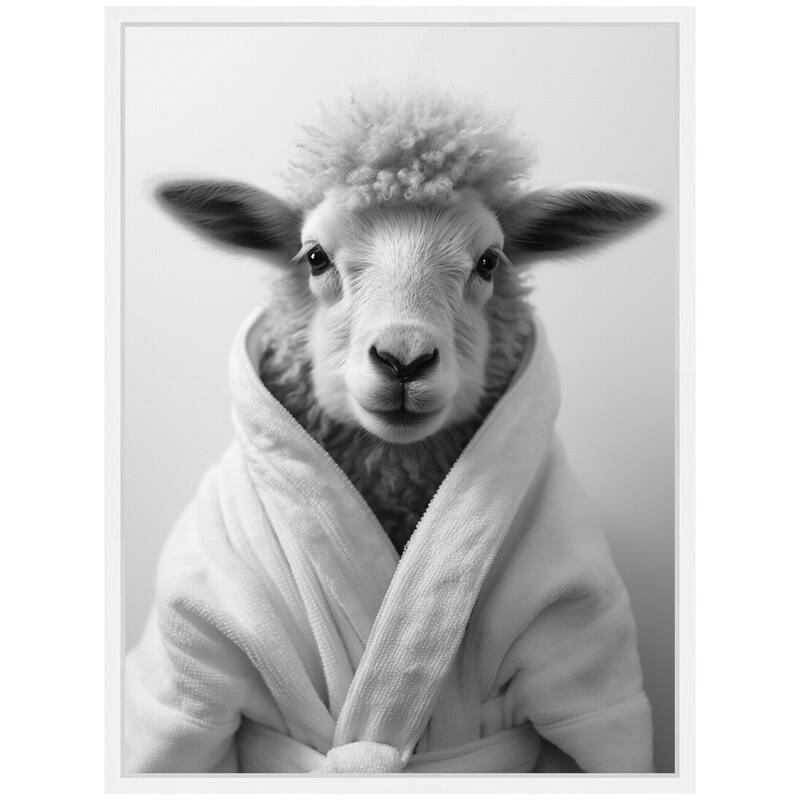 Kate and Laurel Sylvie Sheep Bathroom Art Towel Robe Black and White Framed Canvas by The Creative Bunch Studio