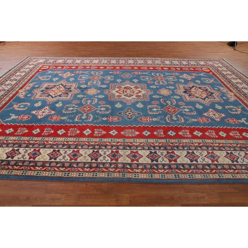 Blue Geometric Kazak Large Area Rug Hand-Knotted Wool Carpet - 9'9" x 13'2"
