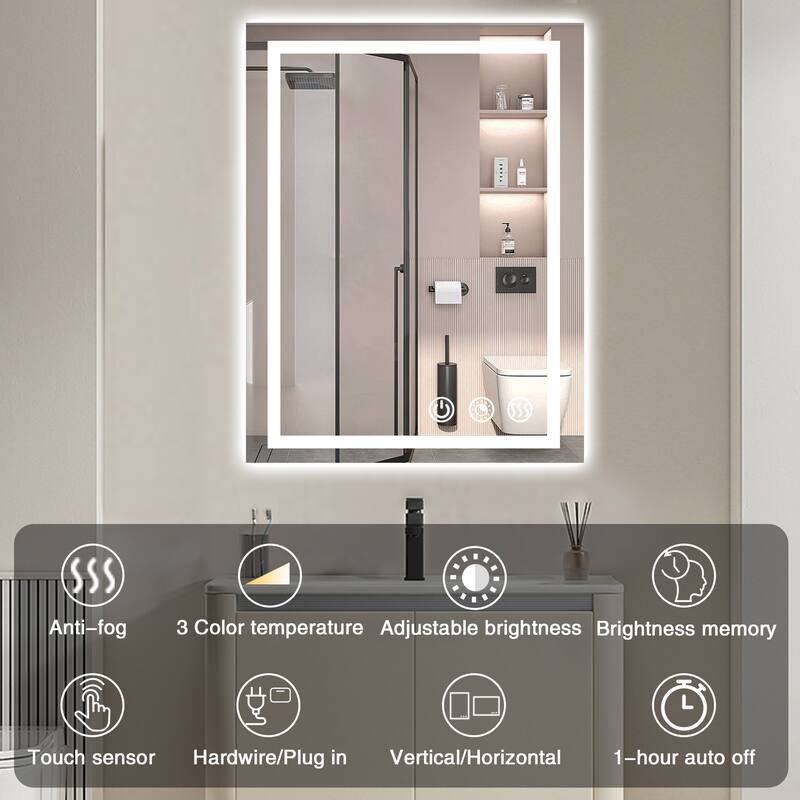 FTL Large LED Bathroom Vanity Mirror Wall Mounted Dimmable Anti-fog,Frameless,3-Color - 32×24in