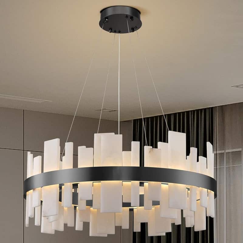 KAYLA 31 in. 8-Lights Drum Gold Chandelier With Alabaster Shade Chandelier - 31.5in Round - Black