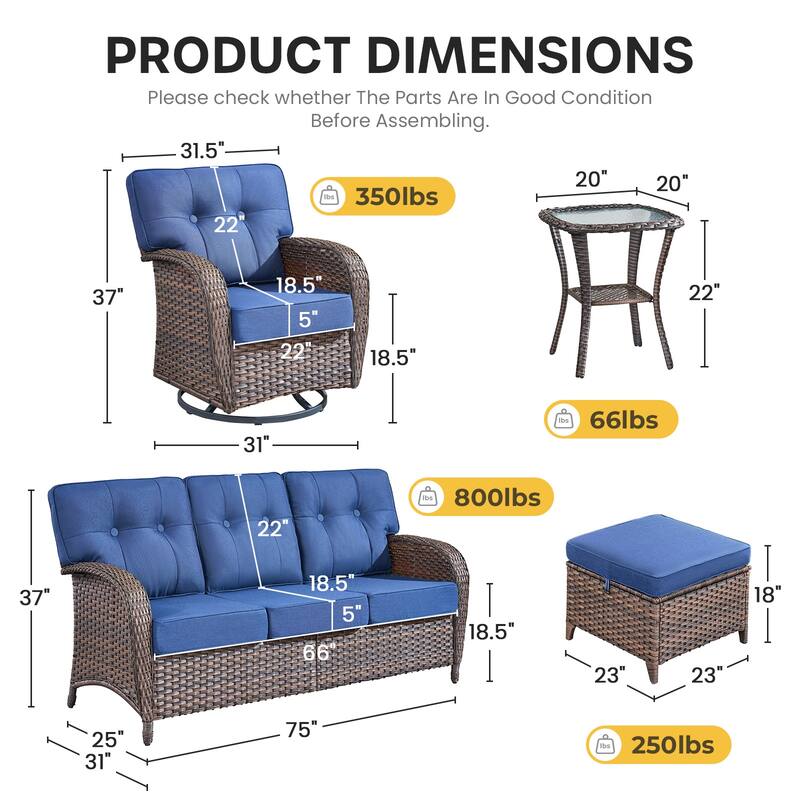 Gymojoy 6-Piece Outdoor Wicker Patio Furniture Set, 5" Thick Cushioned Rattan Set with Swivel Chairs & Ottomans