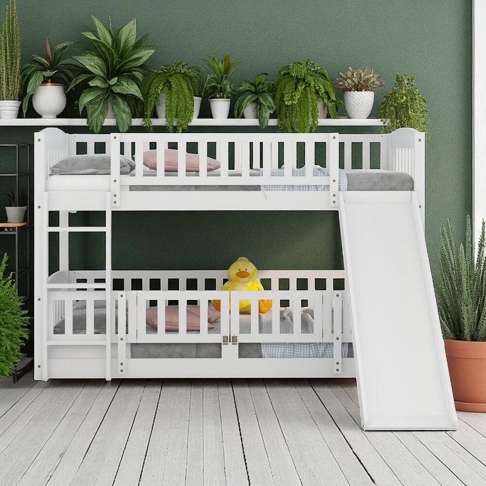 Twin Over Twin / Full Over Full Bunk Bed with Slide and Fence, Low Wood Frame with Ladder for Kids and Teens