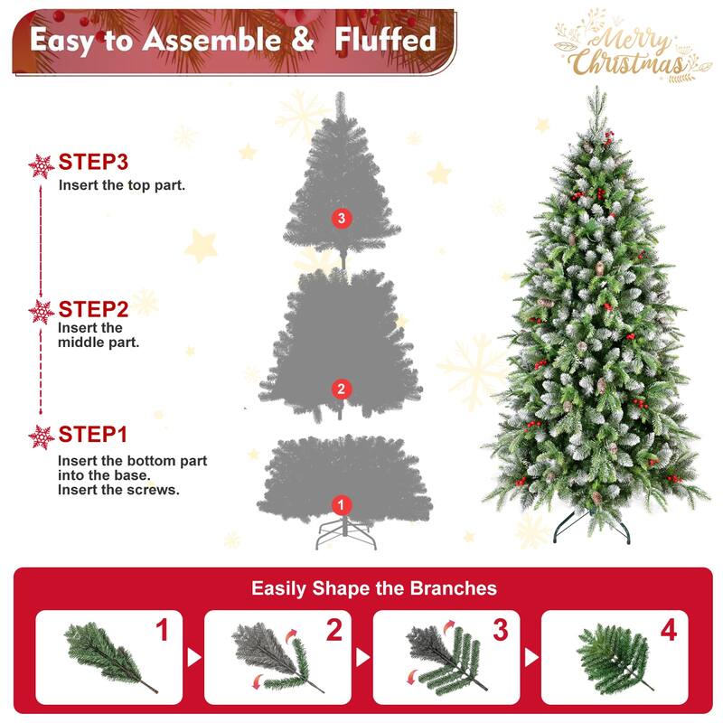 Pre-Lit Artificial Christmas Tree - Warm White LED Lights, Frosted Greenery, Red Berries, Pinecones, Metal Stand - Green