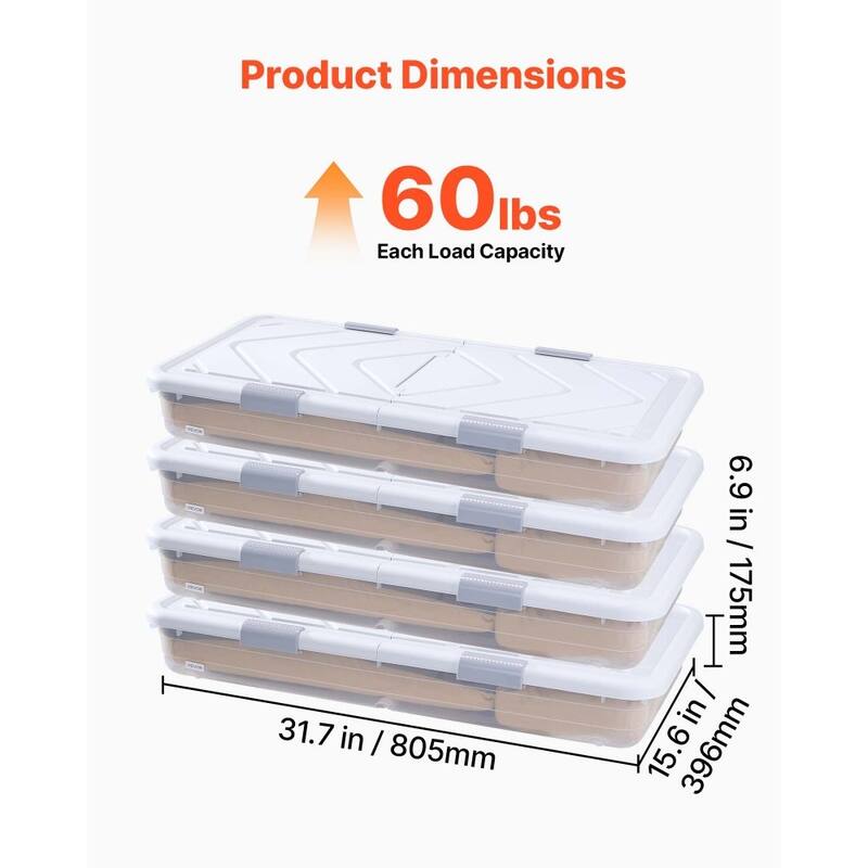 Set of 4 Under Bed Storage Organizer with Wheels 42L Large Capacity Container for Clothes and Shoes - 31.7 x 15.6 x 6.9 inch