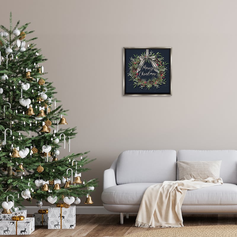 Stupell Hanging Christmas Wreath with Bow Framed Floater Canvas Wall Art Design By Elizabeth Tyndall