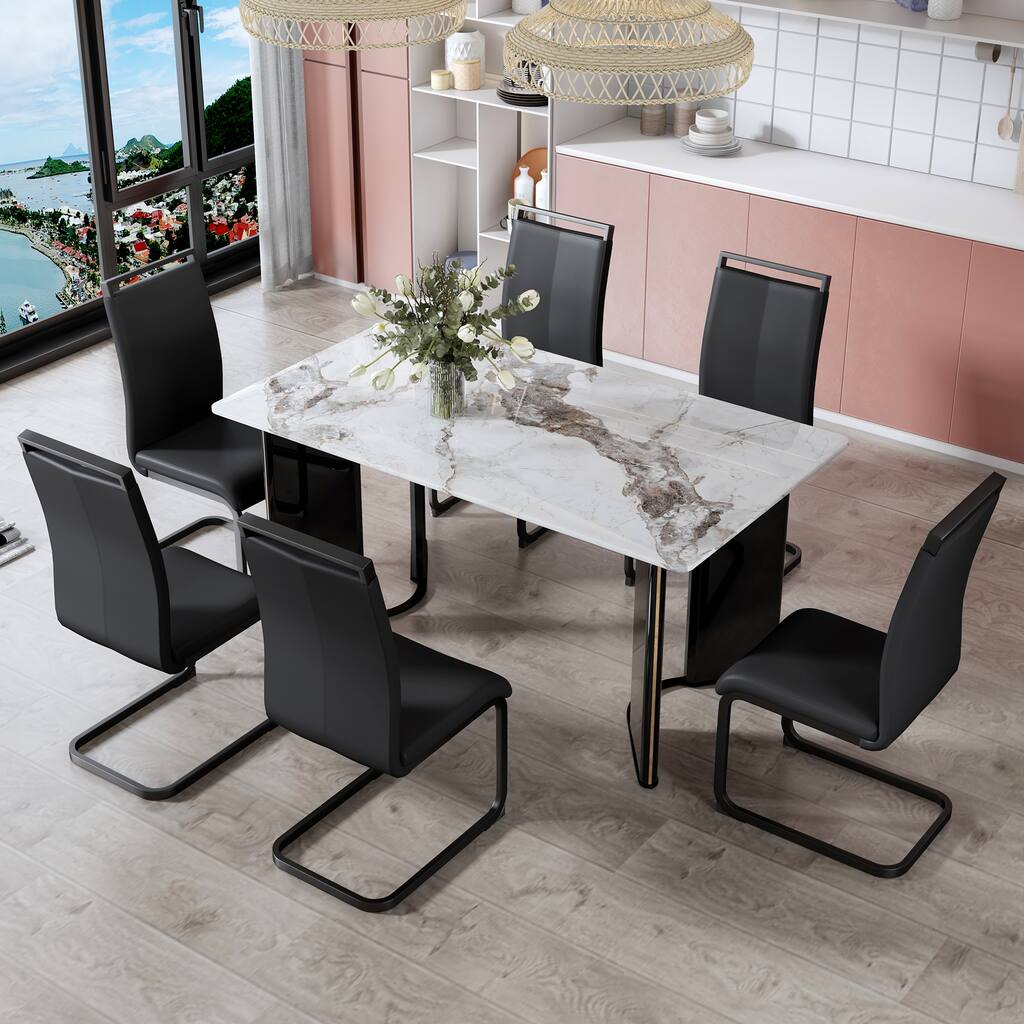 Modern Style Dining Set with Rectangular Gold Metal Decorative Strips Table and High Back Dining Chairs