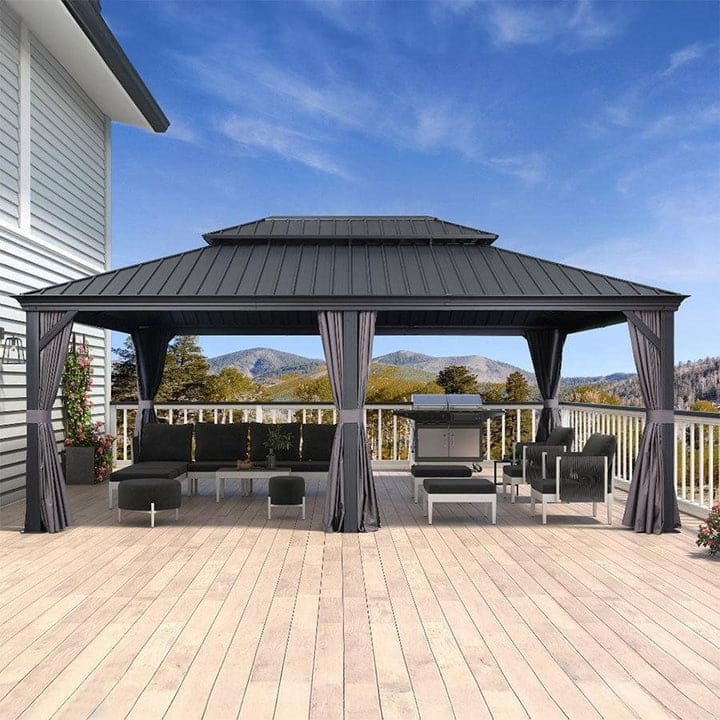 PURPLE LEAF Outdoor Galvanized Steel Hardtop Gazebo, Aluminum Frame Gazebo With Curtains - 14' x 20' - Gazebo Grey