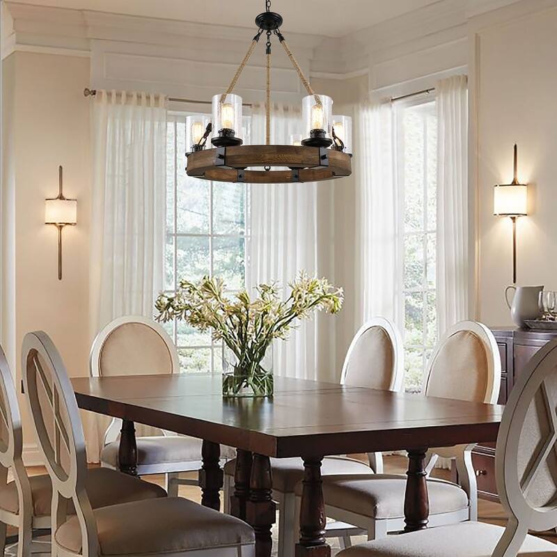 Rustic 6 Light Wagon Wheel Chandelier with Seeded Glass Shade - 24.8in