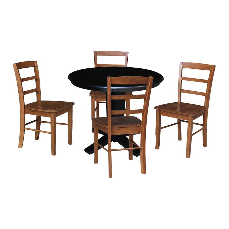 36 in Solid Wood Round Top Pedestal Dining Table with Dining Chairs in Black/Distressed Oak - 5-Piece