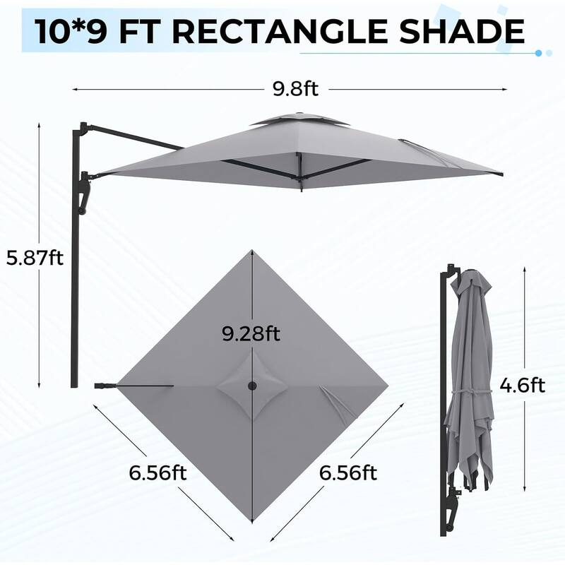 AECOJOY 10 FT. Wall Mount Umbrella Outdoor Patio, Large Patio Rectangular Aluminum Cantilever Umbrellas