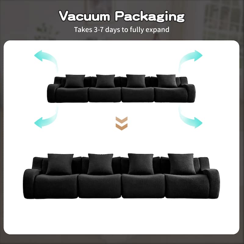 118" Teddy Fabric Boneless Couch, Upholstered 4-Seat Sofa with Curved Armrests, Modular Deep Seat Sofa, No Assembly Required
