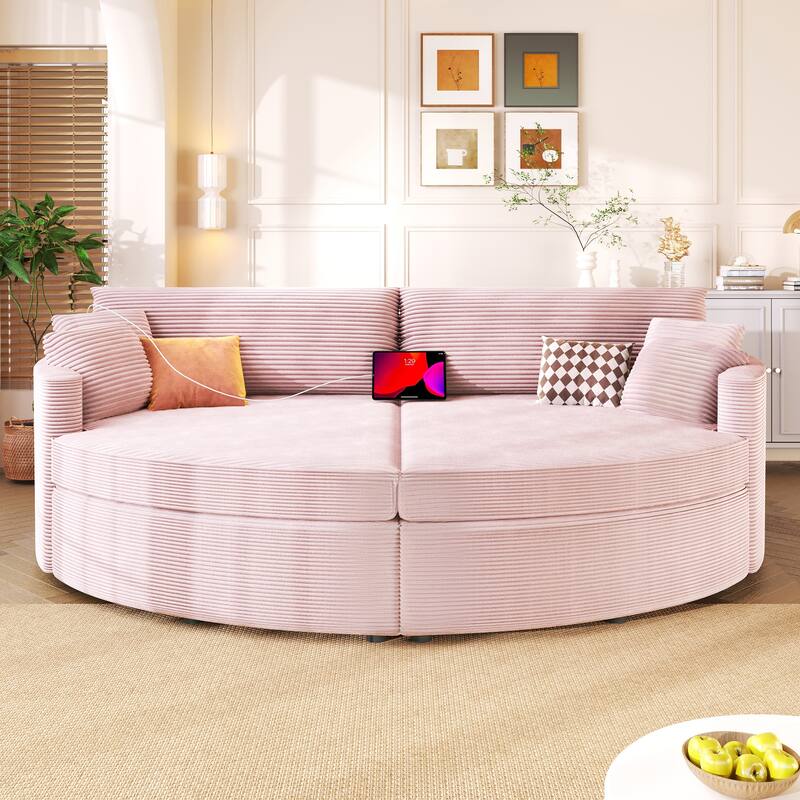 102.3" Oversized Double Chaise Lounge Sofa, Corduroy Upholstered Sleeper Sofa Bed 2 Seat Sofa Loveseat with USB Ports