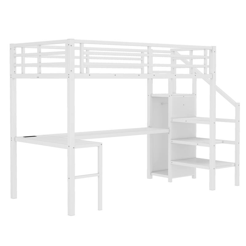 Roomfitters Full/Twin Size Metal Loft Bed with L-Shaped Desk, USB Ports, LED Lighting & Adjustable Shelves, White