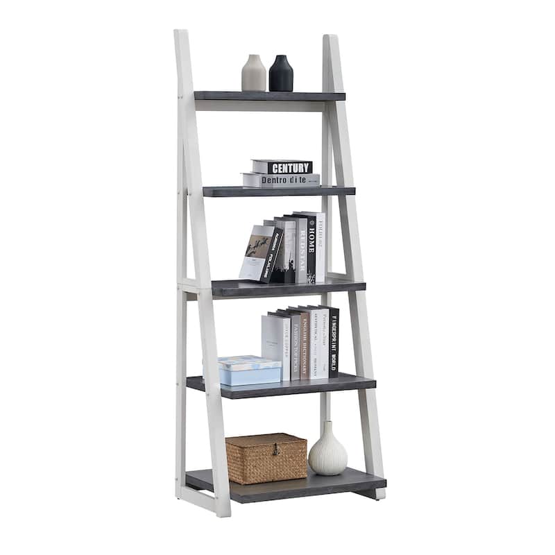 GDF Studio - Modern 5-Tier Ladder Bookshelf with Solid Rubber Wood Frame and MDF Shelves