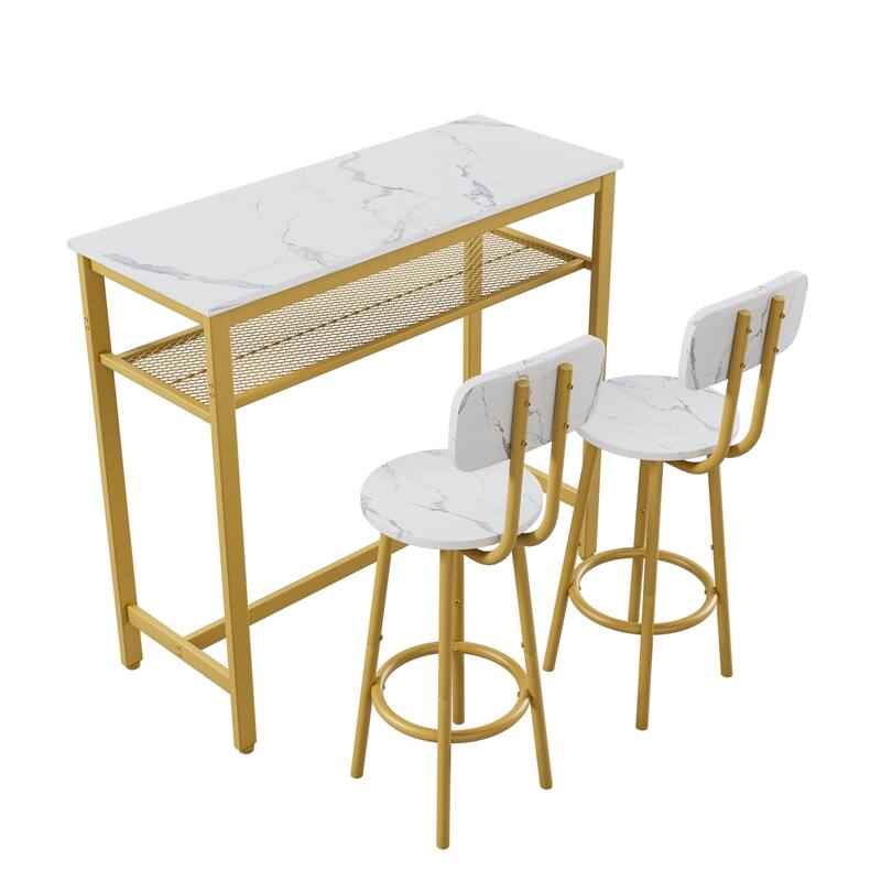 Dining Table Set with 2 Stools,3 Piece Counter Height for Kitchen, Living Room, Small Apartment Breakfast Table Faux Marble Top