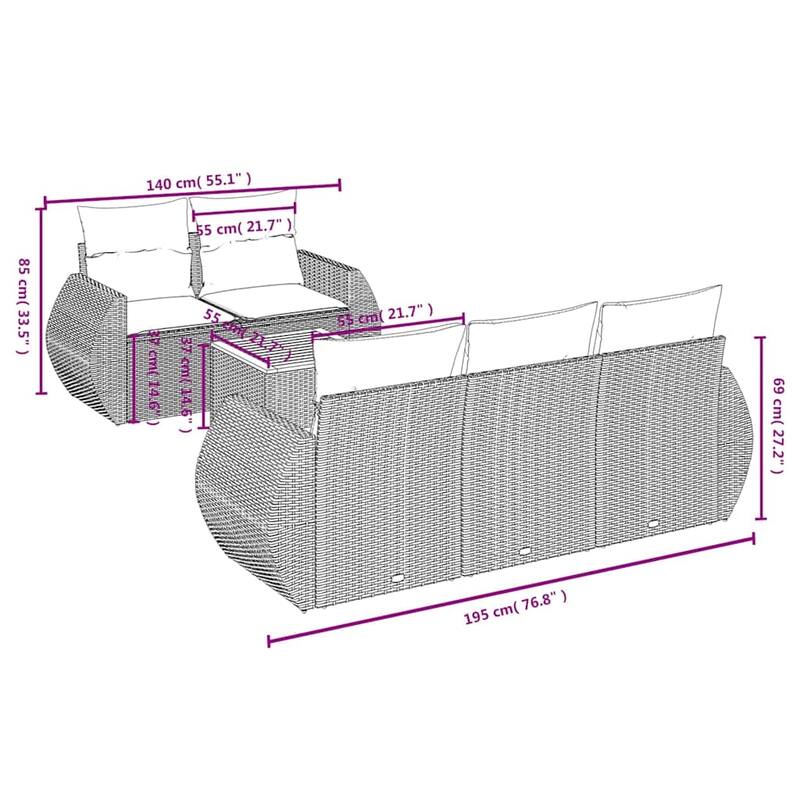 vidaXL 6 Piece Patio Sofa Set with Cushions Gray Poly Rattan - 76.8x33.5x55.1