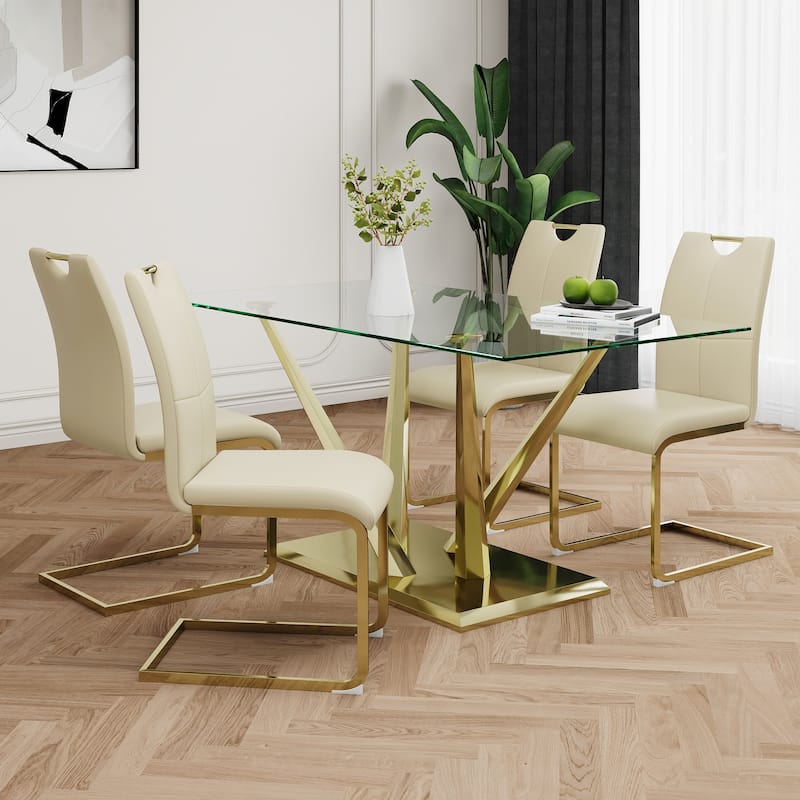 5-Piece Rectangular Dining Table Set for 4 Modern 63" Tempered Glass Kitchen Table with 4 Chairs, Luxury Dining Room Table Set - Beige