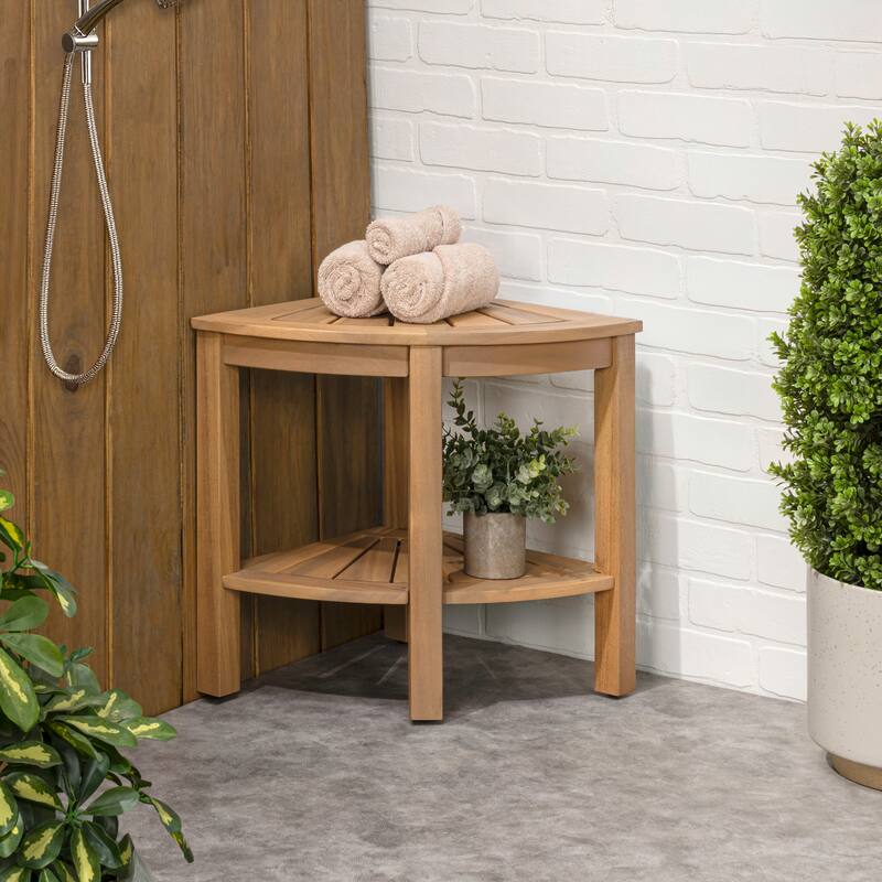 Maris 18" Solid Acacia Wood Indoor/Outdoor Corner Shower Bench with Shelf, By JONATHAN Y - 15.94L x 15.94W x 18.11H