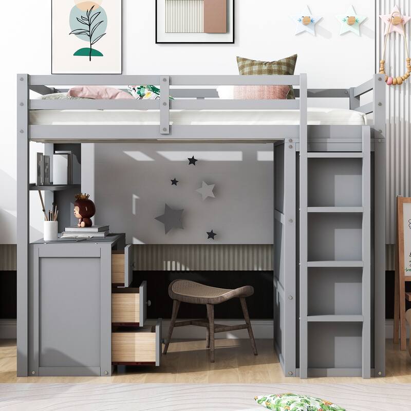 Space-Saving Twin Loft Bed with Desk, Drawers, and Wardrobe in Gray