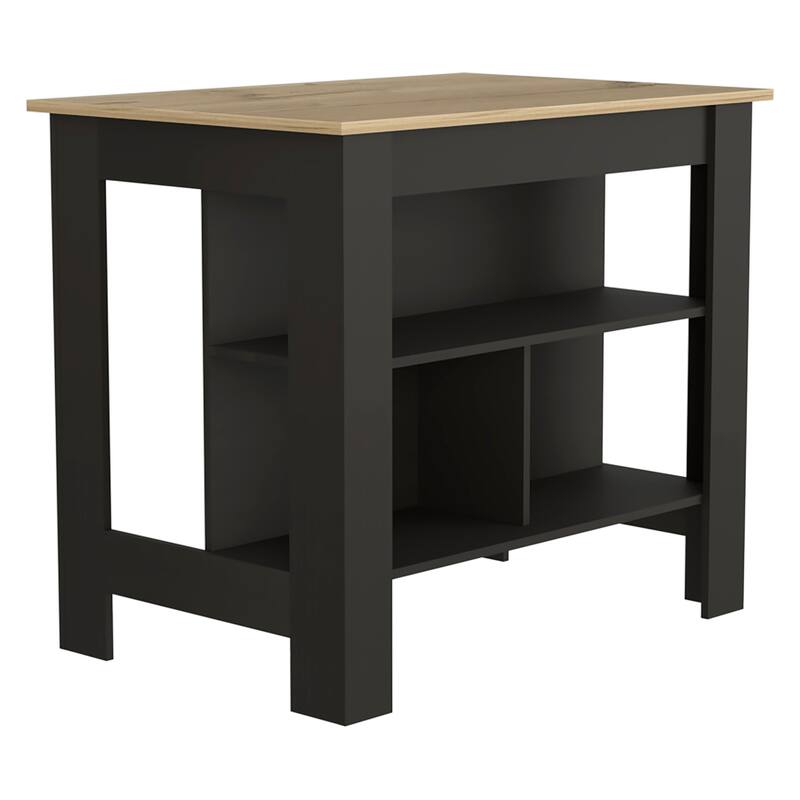 Kitchen Island, kitchen table 35" H, Four Legs, Three Open Storage Shelves, Black / Light Oak