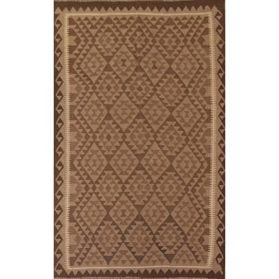 Brown Kilim Oriental Area Rug Flat-weave Wool Living Room Carpet - 5'6" x 8'1"