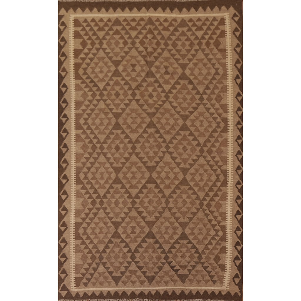 Brown Kilim Oriental Area Rug Flat-weave Wool Living Room Carpet - 5'6" x 8'1"