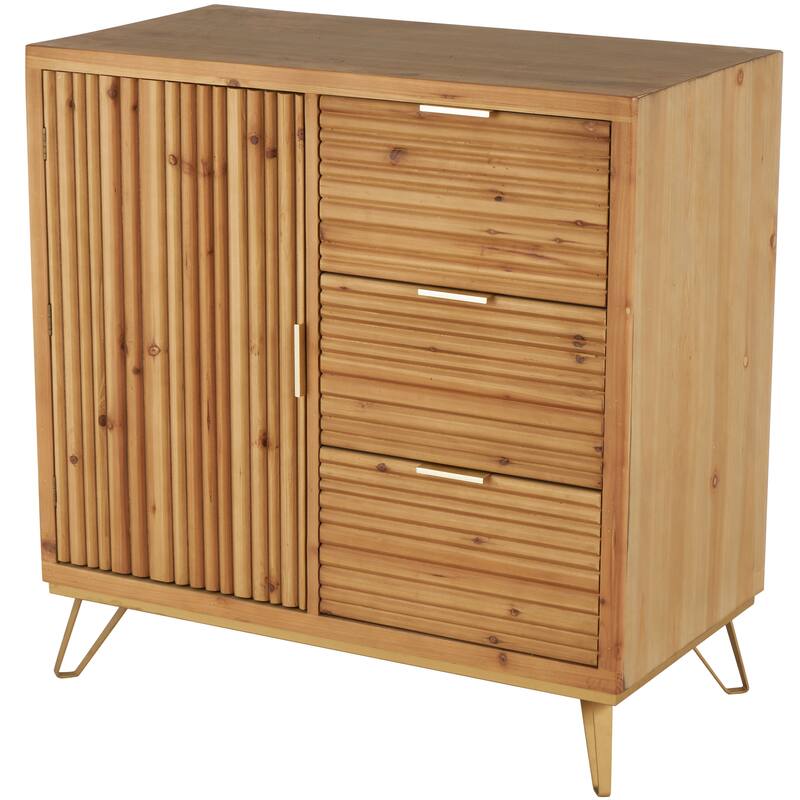 Brown Wooden Ribbed 1 Door and 3 Drawers Cabinet with Gold Metal Handles