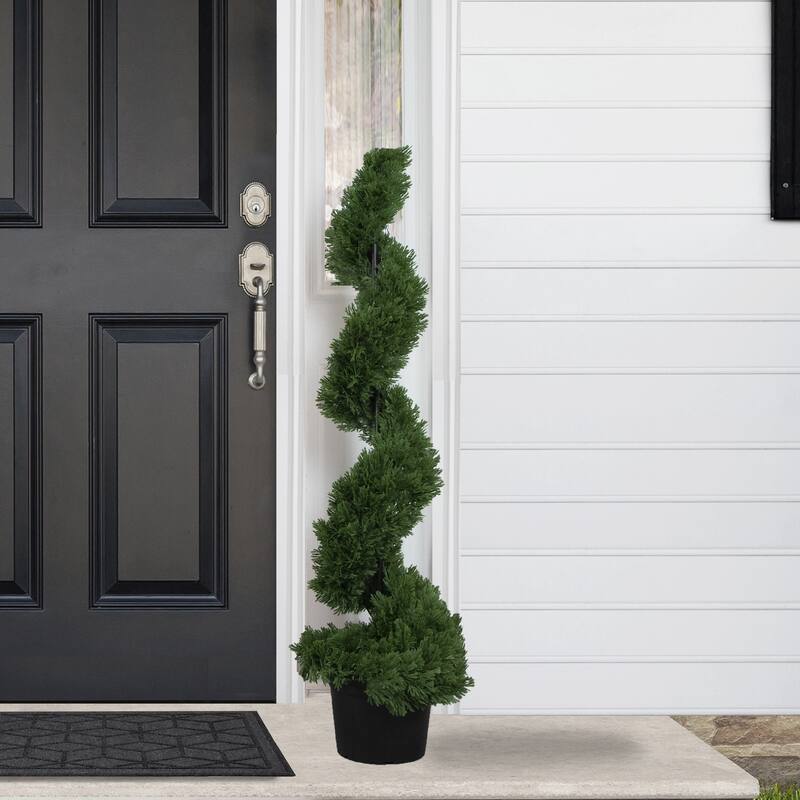 4' Artificial Cedar Spiral Topiary Tree in Black Pot Unlit - 14