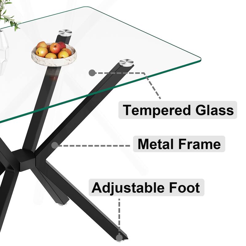 Stylish Rectangular Tempered Glass Dining Table with Sturdy Metal Legs for Dining Room