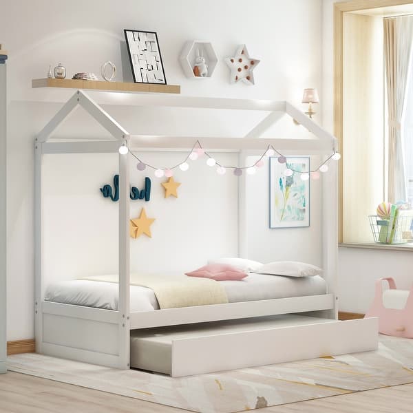 slide 2 of 10, Solid Pine House Bed Frame Twin Size with Trundle Bed,Can Be Decorated White - Twin