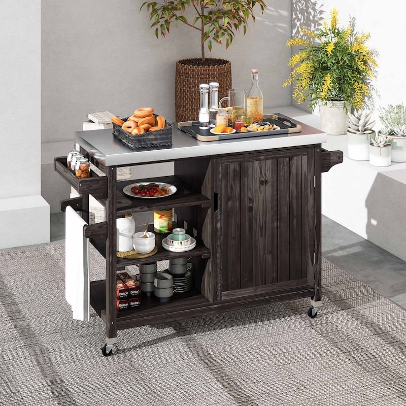 Moasis Outdoor Kitchen Island Rolling Trolley Cart with Stainless Steel Tabletop - Dark Coffee