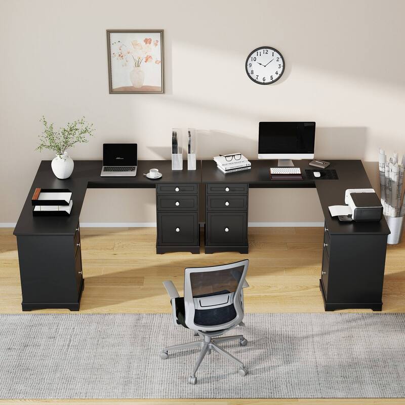 Farmhouse L Shaped Executive Desk Home Office Desk with File Drawer